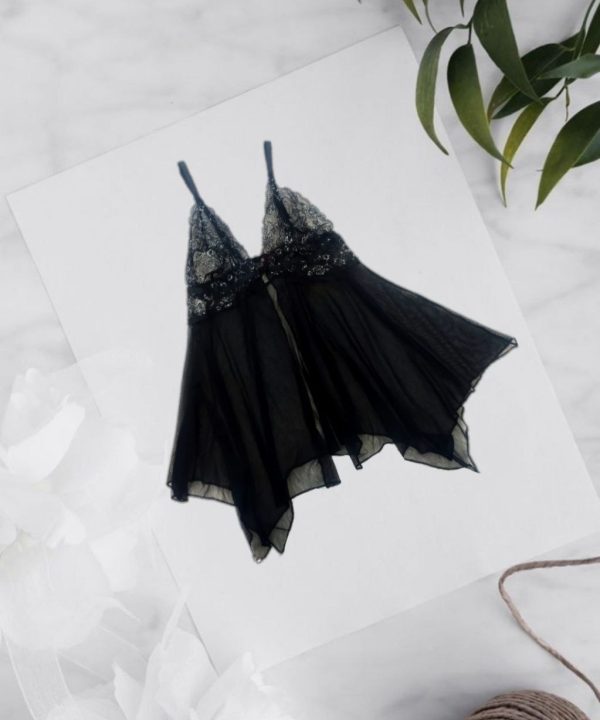 لباسخواب تور مشکی حریر بیگ سایز-71744-sexy lingerie- night gown- لباس خواب توری پارچه حریر همراه با شورت سایز بزرگ دنیرا