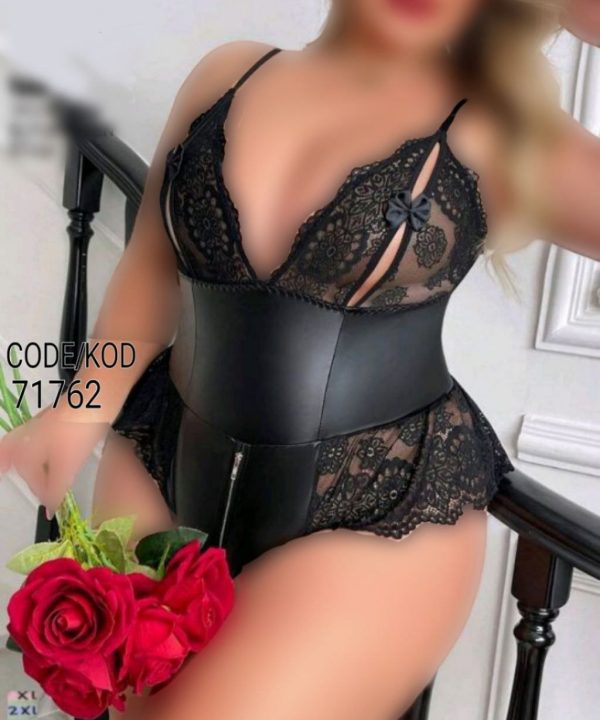 بادی چرم مشکی- بادی تور مشکی بیگ سایز- بادی چرم و تور مشکی بیگ سایز-لباسخواب سایز بزرگ دنیرا-71762- sexy body lingerie lace leather plus size- night gown big size