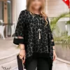 بلوز مجلسی یقه گرد استین سه ربع پایین هلالی بیگ سایز-بلوز زنانه سایز بزرگ پلنگی مشکی