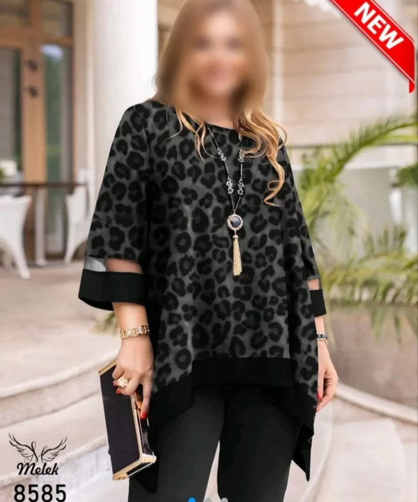 بلوز مجلسی یقه گرد استین سه ربع پایین هلالی بیگ سایز-بلوز زنانه سایز بزرگ پلنگی مشکی
