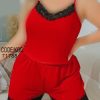 تاپ و شلوارک سایز بزرگ-71788-nightgown red-4xl-لباسخواب قرمز توری زنانه بیگ سایز