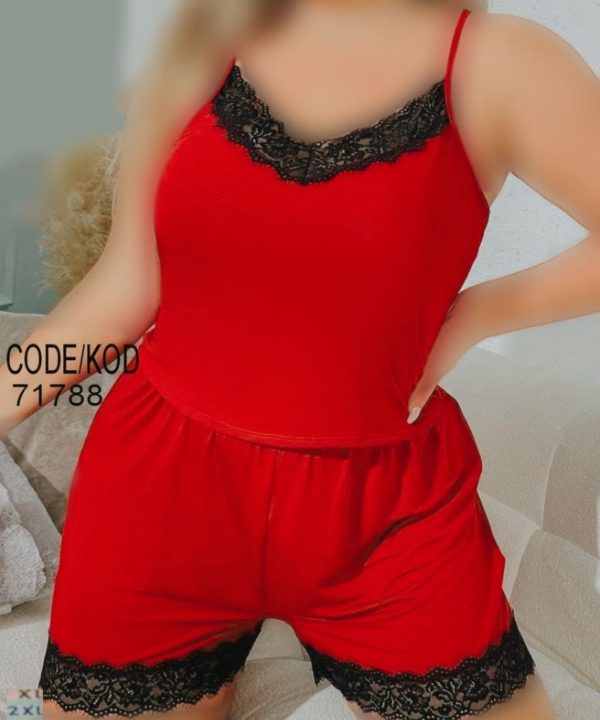 تاپ و شلوارک سایز بزرگ-71788-nightgown red-4xl-لباسخواب قرمز توری زنانه بیگ سایز