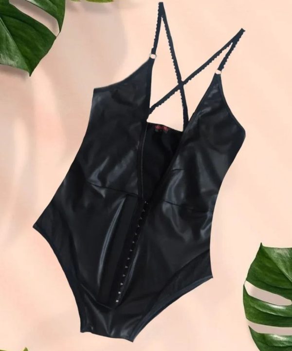 بادی چرم مشکی بیگ سایز-بادی سکسی- لباس دنیرا-71825-body sexy- leather lingerie-لباسخوای سایز بزرگ