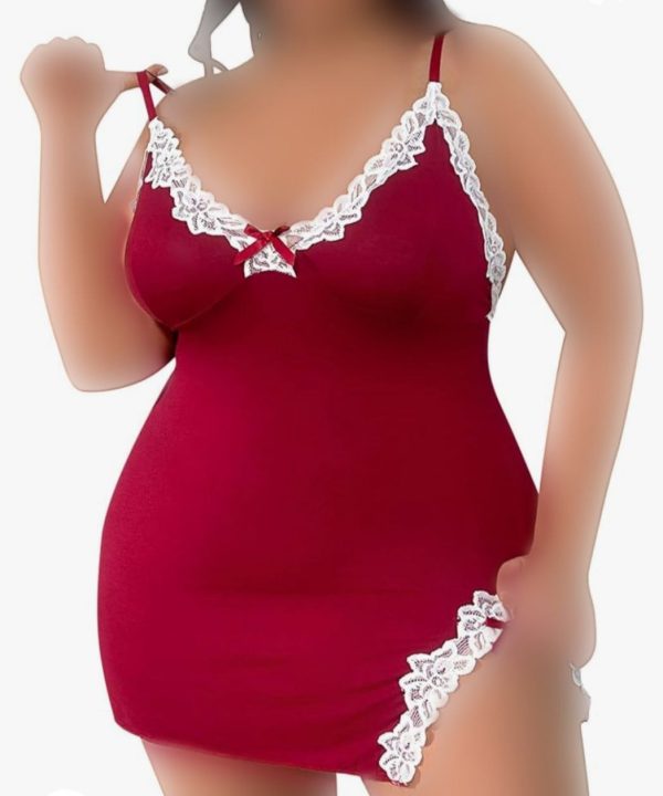 لباسخواب نخی فانتزی بیگ سایز- لباس خواب لبه گیپور-لباس دنیرا-71867-قرمز