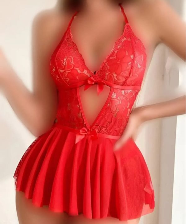 لباس خواب سکسی سایز بزرگ-لباس خواب فانتزی سایز بزرگ-لباس خواب کوتاه تور قرمز دکلته-لباس خواب دنیرا-71931-sexy red lingerie