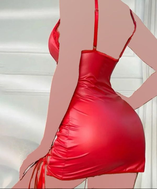 لباس خواب چرم فانتزی سایز بزرگ-لباس خواب سایز بزرگ زنانه دنیرا-لباس چرم کشی زنانه سایز بزرگ-71984-چرم قرمز-sexy leather red lingerie