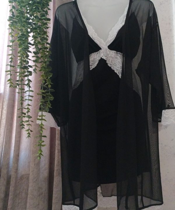 ست لباس خواب سایز بزرگ یه همراه رویدوشامبر-لباس خواب زنانه سایز بزرگ دنیرا-72029-sexy black lace lingerie with robdoshambr
