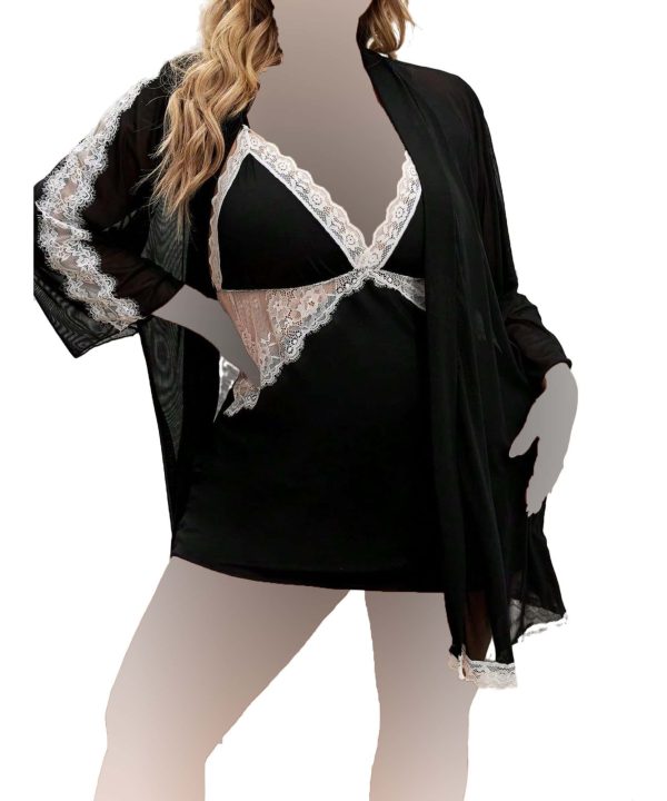ست لباس خواب سایز بزرگ یه همراه رویدوشامبر-لباس خواب زنانه سایز بزرگ دنیرا-72029-sexy black lace lingerie with robdoshambr