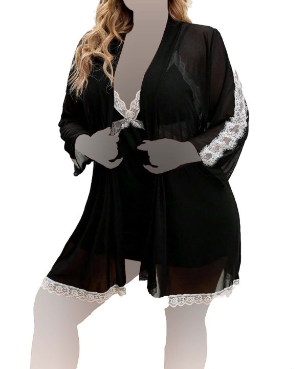 ست لباس خواب سایز بزرگ یه همراه رویدوشامبر-لباس خواب زنانه سایز بزرگ دنیرا-72029-sexy black lace lingerie with robdoshambr