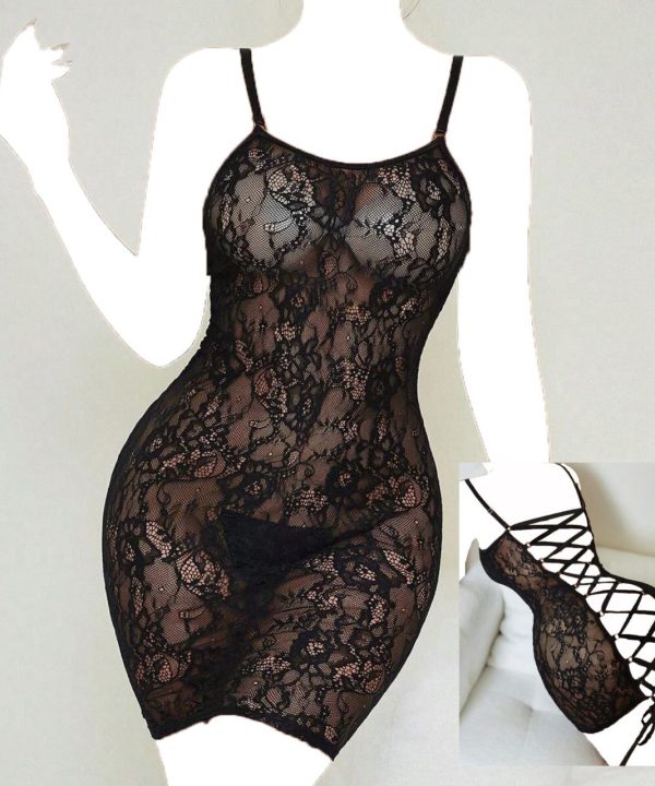 لباس خواب توری پشت باز-لباس خواب سایز بزرگ دنیرا-لباس خواب فانتزی-R1202-sexy lace black lingerie backless