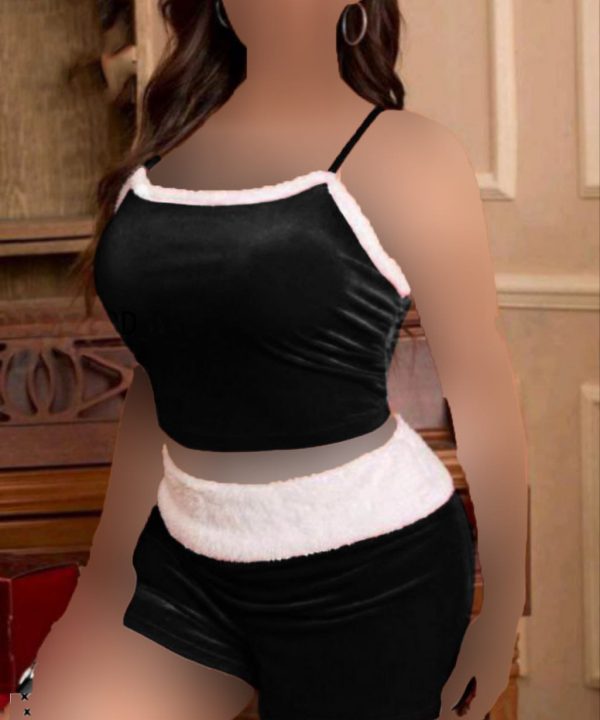 تاپ و شورت سایز بزرگ- لباس خواب بیگ سایز-تاپ مخمل زنانه-لباس خواب مخمل-72083-tow pieces black velvet women