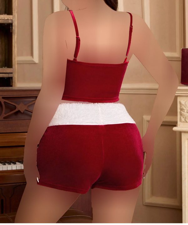 تاپ و شورت سایز بزرگ- لباس خواب بیگ سایز-تاپ مخمل زنانه-لباس خواب مخمل-72083-tow pieces red velvet women