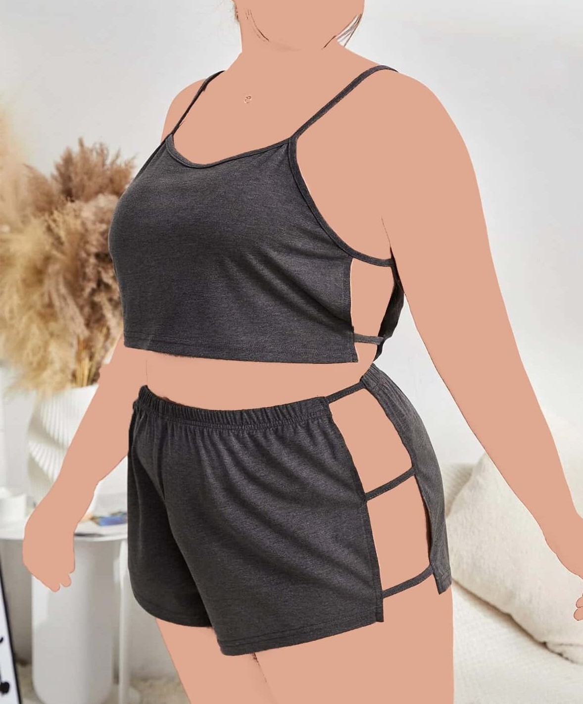تاپ و شورتک سایز بزرگ-تاپ شوارک بیگ سایز-لباس خواب سایز بزرگ-لباس زنانه سایز بزرگ دنیرا-3333-tow pieces gray lingerie dress women