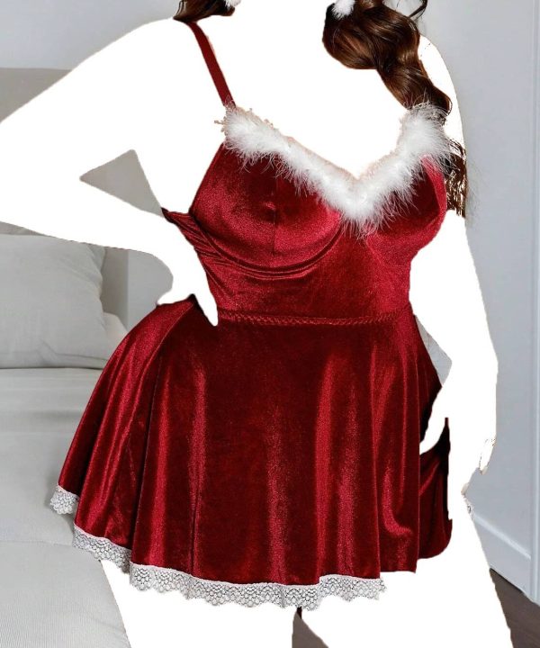لباس خواب سایز بزرگ دنیرا-لباس خواب بیگ سایز-لباس خواب مخمل قرمز-لباس خواب فانتزی-sexy red velvet lingerie women