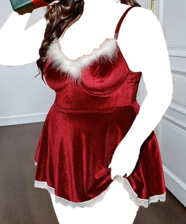 لباس خواب سایز بزرگ دنیرا-لباس خواب بیگ سایز-لباس خواب مخمل قرمز-لباس خواب فانتزی-sexy red velvet lingerie women