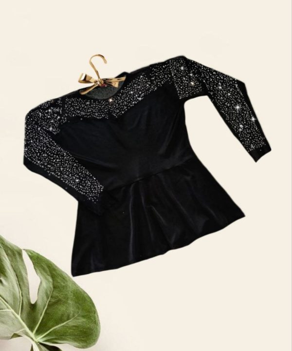 بلوز مهمونی سایز بزرگ-لباس زنانه سایز بزرگ دنیرا-لباس مجلسی بیگ سایز-72118-shiny diamond lace black long sleeves dress