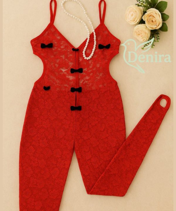 سرهمی فانتزی سایز بزرگ-لباسخواب سایز بزرگ-لباسخواب سکسی-لباس تور قرمز-81331-Sexy red lace sheer overall lingerie women