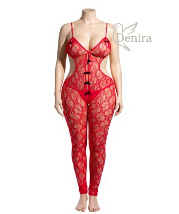 سرهمی فانتزی سایز بزرگ-لباسخواب سایز بزرگ-لباسخواب سکسی-لباس تور قرمز-81331-Sexy red lace sheer overall lingerie women