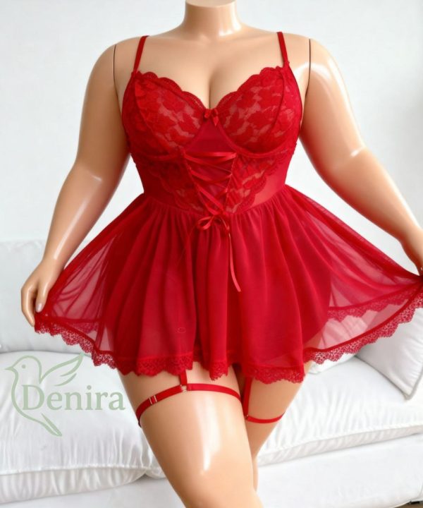 لباس خواب شب سایز بزرگ-لباس خواب بزرگ سایز-لباسخواب فانتزی-لباس سکسی-لباس توری-لباس سایز بزرگ دنیرا-81360-red lace lingerie women sexy