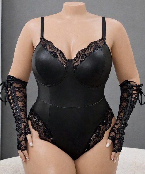 بادی سکسی چرم-دستکش گیپور-لباسخواب با دستکش-لباسخواب چرم-81473-sexy black body lingerie women