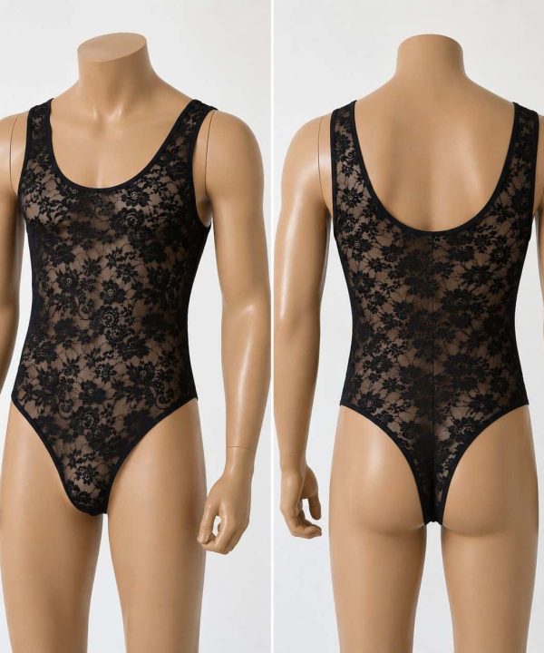 بادی مردانه تور گل دار مشکی-لباس سکسی مردانه-لباس توری مردانه-لباس برده-black lace body for men