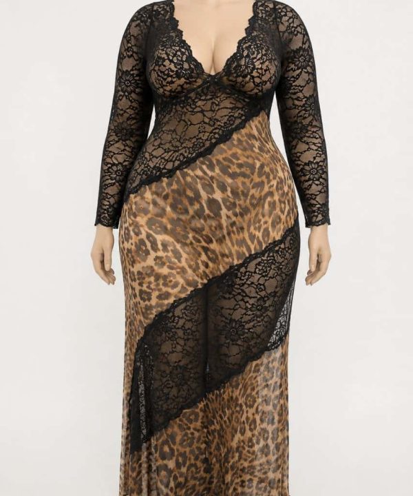 لباس خواب بلند شب-لباسخواب سایز بزرگ پلنگی-لباسخواب بیگ سایز-81600-sexy black lace leopard and lingerie women