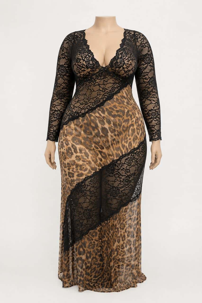 لباس خواب بلند شب-لباسخواب سایز بزرگ پلنگی-لباسخواب بیگ سایز-81600-sexy black lace leopard and lingerie women