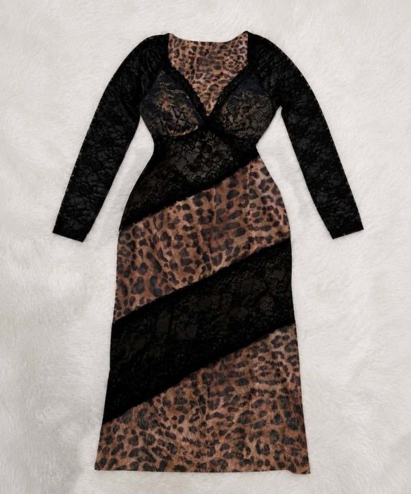 لباس خواب بلند شب-لباسخواب سایز بزرگ پلنگی-لباسخواب بیگ سایز-81600-sexy black lace leopard and lingerie women